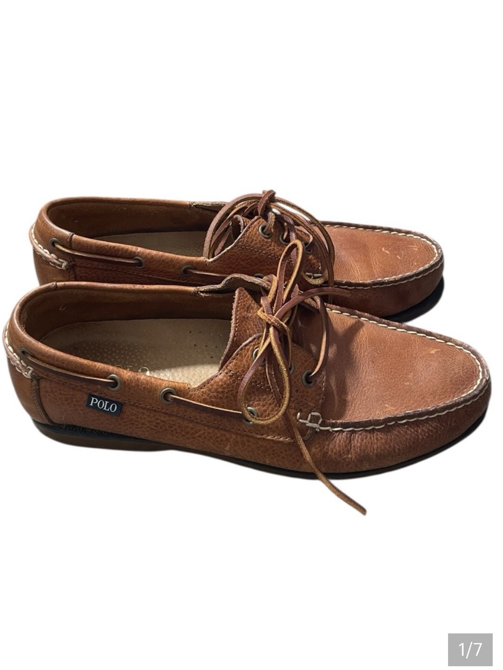 E4- Polo by Ralph Lauren Men's Tan Leather Boat Shoes 10.5D style - Bienne
